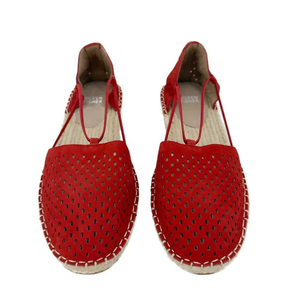 NEW Eileen Fisher Lee Espadrille Sandal Flats sz 9 Red Poppy Perforated Leather